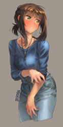 Rule 34 | 1girl, aged up, alternate costume, anchor symbol, blue shirt, blush, breasts, brown hair, cropped legs, denim, ergot, fubuki (kancolle), green eyes, grey background, highres, jeans, jewelry, kantai collection, low ponytail, medium breasts, necklace, pants, parted lips, ponytail, ring, ring necklace, shirt, short ponytail, signature, simple background, solo, suggestive fluid, wet