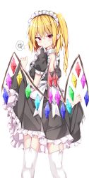 Rule 34 | 1girl, alternate costume, apron, blonde hair, blush, commentary request, crystal, enmaided, flandre scarlet, frilled skirt, frills, garter straps, hair between eyes, highres, looking at viewer, looking back, maid, maid apron, maid headdress, one side up, pointy ears, puffy short sleeves, puffy sleeves, red eyes, sabana, short sleeves, simple background, skirt, skirt hold, solo, spoken squiggle, squiggle, standing, sweatdrop, thighhighs, touhou, white background, white thighhighs, wings