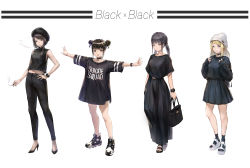 Rule 34 | 4girls, :o, absurdres, backpack, bag, bare legs, bare shoulders, beanie, belt, belt buckle, between fingers, black eyes, black footwear, black hair, black legwear, black pants, black shirt, black shorts, black skirt, black sweater, blonde hair, blue eyes, blunt bangs, bra strap, braid, breasts, brown eyes, brown hair, buckle, choker, cigarette, closed mouth, clothes writing, collarbone, dc comics, double bun, dress, ear piercing, earrings, eyebrows, fashion, female focus, flat chest, full body, fur hat, fur trim, grey eyes, hair bun, hand in pocket, hand on own hip, handbag, hat, high heels, highres, holding, holding bag, holding cigarette, holding strap, hoop earrings, jewelry, legs apart, light smile, lineup, long skirt, long sleeves, looking at viewer, matsuo shogo, medium breasts, midriff peek, miniskirt, multiple girls, navel, no socks, o-ring, open mouth, original, outstretched arms, pants, parted lips, piercing, platform footwear, sandals, shirt, shoes, short hair, short shorts, short sleeves, shorts, sidelocks, simple background, skirt, sleeveless, sleeveless shirt, sleeveless turtleneck, sleeves past elbows, smile, smoke, smoking, sneakers, socks, spread arms, standing, stomach, striped, stud earrings, suicide squad, sweater, swept bangs, t-shirt, turtleneck, twin braids, twintails, watch, white background, white footwear, white hat, wristwatch