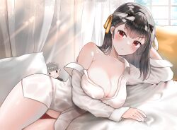Rule 34 | 1girl, bandaged head, bandages, blush, breasts, character doll, cleavage, closed mouth, commander (nikke), goddess of victory: nikke, grey hair, hair ribbon, highres, large breasts, long hair, lying, modernia (first affection) (nikke), modernia (nikke), off-shoulder shirt, off shoulder, official alternate costume, on side, panties, pillow, red eyes, red panties, ribbon, shirt, sidelocks, solo, underwear, white shirt, yellow ribbon, yomining