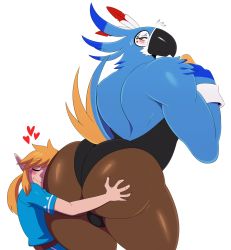 Rule 34 | 2boys, ass, beak, blonde hair, blush, body fur, brown eyes, closed mouth, eric lowery, closed eyes, furry, furry male, heart, highres, hug, huge ass, kass, link, looking back, male focus, multiple boys, nintendo, rito, shirt, simple background, the legend of zelda, the legend of zelda: breath of the wild, white background, yaoi