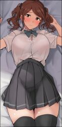 Rule 34 | 1girl, amagami, bed sheet, black bow, black skirt, black thighhighs, blue bow, blue bowtie, blush, bow, bowtie, bra visible through clothes, breasts, brown eyes, closed mouth, collared shirt, cowboy shot, from above, hair bow, hands up, highres, large breasts, looking at viewer, lying, medium hair, mobu, nakata sae, on back, pleated skirt, see-through, see-through shirt, shirt, skirt, solo, thighhighs, thighs, twintails, white shirt, zettai ryouiki