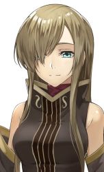 Rule 34 | 1girl, black sleeves, blonde hair, blue eyes, breasts, closed mouth, detached sleeves, hair over one eye, long hair, looking at viewer, medium breasts, rourou ill, simple background, solo, tales of (series), tales of the abyss, tear grants, upper body, very long hair, white background