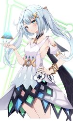 Rule 34 | 1girl, :/, aqua hair, armlet, armpits, bare shoulders, blush, bracelet, breasts, closed mouth, clothing cutout, cowboy shot, cropped legs, dress, faruzan (genshin impact), floating, floating object, genshin impact, green eyes, hair ornament, hand on own hip, hand up, highres, hyurasan, jewelry, long hair, looking at viewer, multicolored clothes, multicolored skirt, nail polish, ring, short sleeves, shoulder cutout, sideboob, sidelocks, skirt, skirt cutout, small breasts, solo, symbol-shaped pupils, thighs, triangle-shaped pupils, twintails, white background, white dress, white nails, x hair ornament