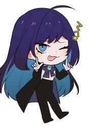 Rule 34 | 1girl, ado (utaite), ahoge, black bow, black bowtie, black coat, black pants, blue eyes, blue hair, bow, bowtie, chando (ado), chibi, cloud nine inc, coat, colored inner hair, commentary, dark blue hair, flower brooch, full body, gloves, highres, index fingers raised, long hair, looking at viewer, mole, mole under eye, multicolored hair, one eye closed, open clothes, open coat, pants, riseno, shirt, simple background, solo, tongue, tongue out, utaite, very long hair, white background, white gloves, white shirt