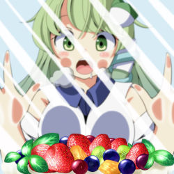 Rule 34 | 1girl, against glass, bad id, bad pixiv id, blurry, blush, blush stickers, breast press, breasts on glass, cake, cheek squash, depth of field, detached sleeves, drooling, food, frog hair ornament, fruit, green eyes, green hair, hair ornament, hair tubes, heavy breathing, kochiya sanae, long hair, matching hair/eyes, oimo (imoyoukan), oimonocake, open mouth, snake hair ornament, solo, strawberry, touhou