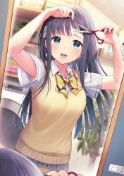 Rule 34 | 1girl, :d, armpit peek, black hair, blue eyes, bow, breasts, collared shirt, commentary request, cut bangs, cutting hair, diagonal-striped bow, flower, hair flower, hair ornament, highres, holding, holding scissors, indoors, long hair, medium breasts, mirror, open mouth, original, reflection, scissors, shirt, short sleeves, smile, solo, sweater vest, u rin, very long hair, white flower, white shirt