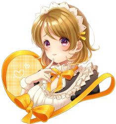 Rule 34 | 1girl, bad id, bad twitter id, blush, brown hair, cleavage cutout, clothing cutout, finger to own chin, frilled shirt collar, frills, hair ribbon, heart, highres, inactive account, koizumi hanayo, light smile, looking at viewer, love live!, love live! school idol project, maid, maid headdress, mogyutto &quot;love&quot; de sekkin chuu!, neck ribbon, plaid, purple eyes, ribbon, short hair, shuga (0329tixi), solo, upper body, white background, wristband, yellow ribbon