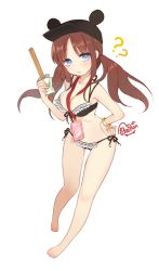 Rule 34 | 1girl, ?, bad id, bad twitter id, bare legs, barefoot, between breasts, bikini, black bikini, blue eyes, bracelet, breasts, brown hair, byulzzi, churro, cleavage, front-tie top, full body, hand on own hip, hat, highres, jewelry, long hair, looking at viewer, medium breasts, original, side-tie bikini bottom, signature, simple background, solo, string bikini, swimsuit, twintails, white background