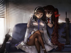 Rule 34 | 2girls, assault rifle, black hair, black legwear, window blinds, blush, breasts, brown eyes, brown hair, bullpup, buttons, cape, cleavage, closed mouth, crossed legs, double-breasted, flower, girls&#039; frontline, gloves, gun, hair between eyes, hair flower, hair ornament, hair ribbon, hairband, hand up, indoors, large breasts, leaning forward, long hair, looking at another, looking at viewer, multiple girls, necktie, pantyhose, pleated skirt, qbz-95, qbz-97, ribbon, rifle, shirt, sitting, skirt, smile, sunlight, toka (marchlizard), twintails, type 95 (girls&#039; frontline), type 97 (girls&#039; frontline), underbust, very long hair, weapon, white gloves, white hairband, white shirt, white skirt, window, yellow eyes