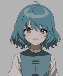 Rule 34 | 1girl, :d, absurdres, ahoge, arina stepanova, blue hair, commentary, english commentary, grey background, highres, looking at viewer, no heterochromia, open mouth, red eyes, short hair, simple background, smile, tatara kogasa, touhou, upper body