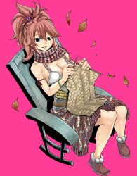 Rule 34 | 1girl, blue eyes, breasts, brown footwear, chair, cleavage, full body, gate of nightmares, highres, knitting, large breasts, leaf, looking at viewer, mashima hiro, medium breasts, official art, pink hair, ponytail, rocking chair, scarf, shoes, simple background, sitting, solo, sonia (gate of nightmares), tachi-e, transparent background