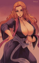 Rule 34 | 1girl, areola slip, bleach, blonde hair, blue eyes, breasts, cleavage, curvy, haori, highres, huge breasts, japanese clothes, jewelry, large breasts, long hair, looking at viewer, matsumoto rangiku, mole, mole under mouth, necklace, open mouth, parted bangs, pink sash, robe, sash, shexyo, solo, standing, wide sleeves