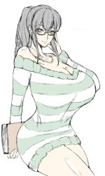 Rule 34 | 1girl, bare shoulders, breasts, cleavage, curvy, from above, glasses, grey eyes, grey hair, huge breasts, jewelry, long hair, looking at viewer, necklace, nico robin, one piece, ponytail, romo (samesameyeah), simple background, smile, solo, striped clothes, striped sweater, sweater, white background