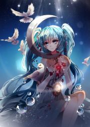 Rule 34 | 1girl, absurdres, bad id, bad pixiv id, baocaizi, bird, blue dress, blue eyes, blue hair, bubble, closed mouth, crescent, dove, dress, flower, hair flower, hair ornament, hatsune miku, highres, legs together, long hair, looking at viewer, matching hair/eyes, mirror, smile, solo, strapless, strapless dress, twintails, very long hair, vocaloid