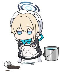 Rule 34 | 1girl, apron, black dress, black gloves, blonde hair, blue archive, blue bow, blue eyes, bow, bucket, chibi, cloth, coffee, commentary request, cup, dress, dustcloth, earpiece, fingerless gloves, full body, gloves, grey pantyhose, hair between eyes, halo, hat, headset, holding, jitome, juliet sleeves, long sleeves, maid, maid apron, maid headdress, mob cap, no shoes, nyaru (nyaru 4126), pantyhose, puffy sleeves, rag, simple background, solo, spill, standing, toki (blue archive), wash cloth, water, white apron, white background, white hat