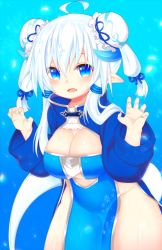 Rule 34 | 1girl, ahoge, bad id, bad pixiv id, blue eyes, blue nails, blush, breasts, bun cover, cleavage, fang, large breasts, looking at viewer, medium hair, mofuaki, nail polish, navel, original, parted lips, plump, pointy ears, short hair, smile, solo