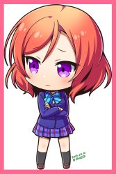 Rule 34 | 1girl, artist request, blazer, blue bow, blue bowtie, bow, bowtie, chibi, dutch angle, female focus, jacket, long sleeves, looking at viewer, love live!, love live! school idol project, nishikino maki, pleated skirt, purple eyes, red hair, school uniform, short hair, skirt, smile, solo, striped bow, striped bowtie, striped clothes