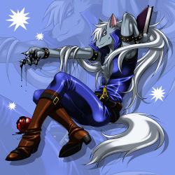 Rule 34 | 10s, 1boy, arm up, blue background, blue eyes, book, boots, full body, furry, furry male, long hair, male focus, pants, precure, sitting, smile, smile precure!, solo, tail, wauwa, werewolf, white hair, wolf tail, wolfrun, zoom layer