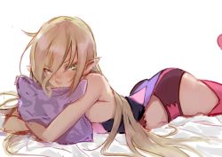 Rule 34 | 1girl, ass, bare shoulders, blonde hair, blush, breasts, elf, freckles, green eyes, long hair, looking at viewer, lying, magilou (tales), on stomach, pillow, pink thighhighs, pointy ears, small breasts, solo, tales of (series), tales of berseria, thighhighs, tusia