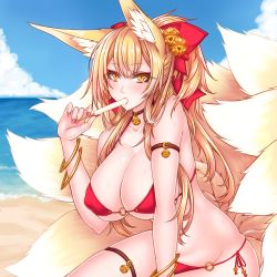 Rule 34 | 1girl, :3, animal ears, arm support, arm up, armlet, bad id, bad twitter id, bare shoulders, beach, bell, bikini, black cat, blonde hair, blue sky, blush, bow, bracelet, breasts, bursting breasts, cat, cleavage, cloud, collar, collarbone, commentary, covered erect nipples, day, dripping, eating, eyebrows, eyelashes, eyeliner, eyeshadow, fingernails, food, food in mouth, fox ears, fox girl, fox tail, hair between eyes, hair bow, halterneck, horizon, jewelry, jingle bell, large breasts, leaning forward, lips, long fingernails, long hair, looking at viewer, makeup, multiple tails, nail polish, o-ring, o-ring bikini, o-ring bottom, o-ring top, ocean, original, outdoors, pink nails, ponytail, popsicle, red bikini, seiza, shiny skin, side-tie bikini bottom, sidelocks, sitting, skindentation, sky, slit pupils, solo, stomach, string bikini, suzuneko (yume no kyoukai), sweat, swimsuit, tail, thigh strap, thighs, twitter username, updo, yellow eyes