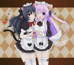 Rule 34 | 2girls, ;d, alternate costume, animal ears, apron, argyle, argyle background, argyle clothes, black dress, black hair, blush, cat ears, cat tail, commentary, commentary request, cowboy shot, dress, enmaided, garter straps, hair between eyes, heads together, heart, heart hands, long hair, long sleeves, looking at viewer, maid, maid headdress, multiple girls, nepgear, neptune (series), one eye closed, open mouth, puffy short sleeves, puffy sleeves, purple eyes, purple hair, red eyes, short sleeves, smile, tail, tail wagging, thighhighs, translation request, two side up, uni (neptunia), very long hair, waruga, white apron, white legwear, yuri