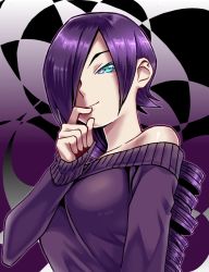 Rule 34 | 1girl, bare shoulders, blue eyes, breasts, cleavage, drill hair, hair ornament, hair over one eye, long hair, off-shoulder, off-shoulder sweater, purple hair, solo, sweater, zone-tan