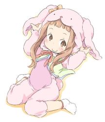 Rule 34 | 1girl, animal costume, blush, bow, brown eyes, buttons, child, closed mouth, cosplay, full body, gradient outline, green vest, ham (points), hands up, hood, hood up, ichihara nina, idolmaster, idolmaster cinderella girls, kigurumi, light brown hair, long hair, open clothes, open vest, orange bow, outline, rabbit costume, red ribbon, ribbon, simple background, sitting, smile, socks, solo, unbuttoned, vest, white background, white socks