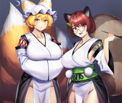 Rule 34 | 2girls, animal ears, arms under breasts, blonde hair, breasts, brown eyes, brown hair, brown tail, cleavage, collarbone, cowboy shot, detached sleeves, fox tail, futatsuiwa mamizou, glasses, green sash, grey background, groin, hair ornament, hands in opposite sleeves, hat, highres, holding, holding smoking pipe, japanese clothes, kimono, kourindou tengu costume, large breasts, leaf hair ornament, long sleeves, mob cap, multiple girls, no panties, ofuda, ofuda on clothes, open mouth, pelvic curtain, raccoon ears, raccoon girl, raccoon tail, round eyewear, sash, sideboob, simple background, smoking pipe, tail, tarmo, tassel, touhou, white headwear, white kimono, white sleeves, wide sleeves, yakumo ran, yellow eyes, yellow tail