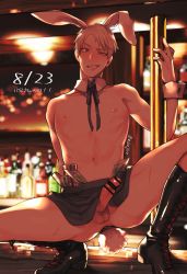 Rule 34 | 1boy, anal tail, animal ears, apron, backlighting, bar (place), bar censor, black footwear, blurry, blurry background, blush, boots, bow, bowtie, butt plug, censored, counter, cross-laced footwear, dated, detached collar, erection, fake tail, grin, hand up, highres, knee boots, koukou jirou, lace-up boots, leaning back, looking down, male focus, money, navel, nipples, noise, nude, original, parted bangs, penis, pole, rabbit ears, rabbit tail, red eyes, scar, sex toy, short hair, smile, solo, spread legs, squatting, stripper pole, tail, teeth, testicles, translated, uneven eyes, waist apron, white hair, wrist cuffs