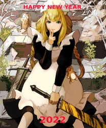 Rule 34 | 1girl, 2022, apron, black dress, blonde hair, braid, chinese zodiac, closed mouth, commentary, dress, english commentary, feet out of frame, green eyes, hand up, happy new year, holding, holding sword, holding weapon, juliet sleeves, long hair, long sleeves, looking at viewer, maid, maid apron, maid headdress, muraicchi (momocchi), new year, original, outdoors, puffy sleeves, smile, solo, stuffed animal, stuffed tiger, stuffed toy, sword, twin braids, very long hair, weapon, white apron, year of the tiger