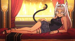 Rule 34 | 1girl, absurdres, animal ears, arm support, bare shoulders, black sweater, blunt bangs, blush, bracelet, cat ears, cat girl, cat tail, circlet, closed mouth, commission, dark-skinned female, dark skin, denim, denim shorts, earrings, egyptian, eye of horus, feet, full body, glasses, hand on own hip, high heels, highres, indie virtual youtuber, isuress (vtuber), jewelry, legs, long hair, looking at viewer, lying, on side, pink eyes, pink hair, ribbed sweater, round eyewear, shorts, sleeveless, sleeveless sweater, smile, solo, sweater, tail, tattieuwu, thigh strap, toes, turtleneck, turtleneck sweater, virtual youtuber, wrist belt
