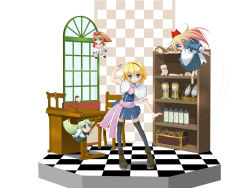 Rule 34 | &gt;:), 1girl, alice margatroid, apron, arm up, black thighhighs, blonde hair, blue dress, blue eyes, boots, bow, bowtie, capelet, chair, chibi, crossed arms, desk, doll, doll joints, dress, faux figurine, female focus, figure stage, floating, frills, green hair, hairband, head tilt, highres, hourai doll, indoors, joints, long hair, looking at viewer, miniskirt, necktie, orange hair, puffy sleeves, red dress, sash, shanghai doll, shirt, short hair, skirt, smile, solo, standing, thighhighs, touhou, v-shaped eyebrows, very long hair, waist apron, wallpaper, wapokichi, zettai ryouiki