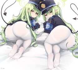 Rule 34 | 2girls, absurdres, armband, ass, black hat, black tail, blue archive, blue armband, demon tail, feet, full body, gloves, green hair, green halo, halo, hat, hikari (blue archive), nozomi (blue archive), highres, long hair, multiple girls, no shoes, pantyhose, peaked cap, pointy ears, senjouhara nira, soles, tail, thighs, white gloves, white pantyhose