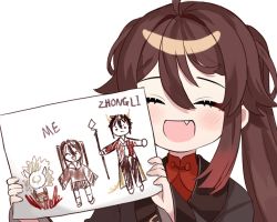 Rule 34 | 1girl, :d, ^ ^, aged down, ahoge, black jacket, blood, blush, brown hair, child&#039;s drawing, closed eyes, commentary, crayon (medium), english commentary, fang, genshin impact, hair flaps, hilichurl (genshin impact), holding, holding drawing, holding paper, hu tao (genshin impact), jacket, long hair, long sleeves, miyako draw, open mouth, paper, red shirt, shirt, sidelocks, smile, solo, traditional media, twintails, upper body, very long hair, zhongli (genshin impact)