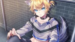 1boy, alternate costume, animal ears, belt collar, black nails, blonde hair, blue eyes, brick wall, choker, closed mouth, collar, collarbone, commentary, fingernails, from above, hair between eyes, head tilt, highres, kagamine len, long fingernails, long sleeves, looking at viewer, midriff, nail polish, navel, pants, reflective floor, solo, soramame pikuto, tail, tsurime, vocaloid, wolf ears, wolf tail