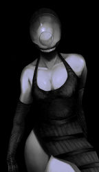 Rule 34 | 1girl, black background, black dress, bomb devil (chainsaw man), breasts, chainsaw man, cleavage, covered face, dark, dress, facing viewer, gloves, greyscale, highres, hybrid, medium breasts, monochrome, reze (chainsaw man), simple background, solo, standing, teeth, thighs, user hakd4743