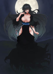 Rule 34 | 1girl, absurdres, areola slip, black dress, black hair, breasts, center opening, cleavage, cum, cum in mouth, cum string, dress, female focus, full body, full moon, hair over eyes, highres, hip vent, jiffic, large breasts, long hair, monster girl, moon, no panties, obi, open mouth, original, sash, solo, very long hair