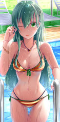 Rule 34 | 1girl, :p, absurdres, aqua hair, ayakase hotaru, bikini, blush, bracelet, breasts, chair, cleavage, collarbone, day, front-tie top, gluteal fold, green eyes, hair between eyes, hair ornament, hairclip, halterneck, hand up, highres, jewelry, kantai collection, long hair, looking at viewer, lounge chair, medium breasts, navel, necklace, one eye closed, outdoors, pool, side-tie bikini bottom, sidelocks, smile, solo, stomach, string bikini, striped bikini, striped clothes, suzuya (kancolle), swimsuit, thigh gap, thighs, tongue, tongue out, water drop, wet