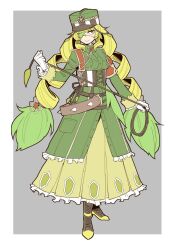 Rule 34 | 1girl, blonde hair, border, dress, eyepatch, gloves, green dress, green hair, grey background, holding, holding whip, long hair, looking at viewer, multicolored hair, original, simple background, two-tone hair, whip, white border, white gloves, yasubaru