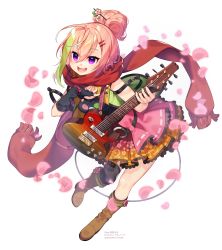Rule 34 | 1girl, :d, anywhere knock, bad id, bad pixiv id, black gloves, black shirt, black thighhighs, boots, brown footwear, commentary request, commission, fingerless gloves, frilled skirt, frills, full body, gloves, green hair, green jacket, guitar, hair between eyes, hair bun, hair ornament, hair stick, hairclip, highres, holding, holding instrument, indie virtual youtuber, instrument, jacket, looking away, multicolored hair, open mouth, orange skirt, overskirt, petals, pink hair, pleated skirt, purple eyes, red scarf, sakuramochi maho, scarf, shirt, short hair, simple background, single glove, single hair bun, single thighhigh, skeb commission, skirt, smile, solo, streaked hair, thighhighs, thighhighs under boots, virtual youtuber, white background