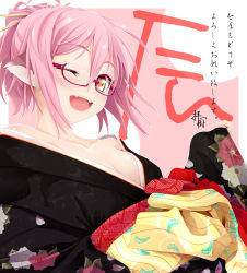 Rule 34 | 10s, 1girl, 2012, ;d, alternate costume, alternate hairstyle, bad id, bad pixiv id, bare shoulders, bespectacled, breasts, cleavage, collarbone, face, female focus, glasses, hair up, japanese clothes, kimono, medium breasts, mystia lorelei, new year, obi, off shoulder, ogami kazuki, one eye closed, open mouth, pink hair, red-framed eyewear, sash, short hair, simple background, smile, solo, touhou, wink