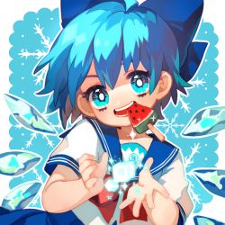 Rule 34 | 1girl, adapted costume, blue bow, blue eyes, blue hair, blue skirt, bow, circled 9, cirno, collared shirt, commentary request, cryokinesis, food, food in mouth, hair bow, harrymiao, head tilt, ice, ice cube, ice wings, looking at viewer, neckerchief, popsicle, popsicle in mouth, red neckerchief, sailor collar, shirt, short hair, short sleeves, skirt, smile, snowflakes, solo, teeth, touhou, upper body, watermelon bar, white shirt, wings