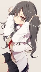 Rule 34 | 1girl, black hair, black skirt, blush, brown-framed eyewear, brown eyes, bunching hair, closed mouth, commentary request, futaba rio, grey background, highres, lab coat, looking at viewer, open clothes, over-rim eyewear, pleated skirt, seishun buta yarou, semi-rimless eyewear, shirousa, simple background, sitting, skirt, solo, stool, sweat, sweater vest, twintails