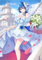 Rule 34 | 1girl, ahoge, asymmetrical hair, bare shoulders, blue eyes, blue hair, blush, bouquet, bow, bride, brown eyes, brown hair, closed mouth, crescent, crescent hair ornament, detached sleeves, dress, earrings, flower, frills, hair between eyes, hair ornament, highres, holding, holding bouquet, jazztaki, jewelry, legs, lily (flower), looking at viewer, medium hair, pointy ears, puffy short sleeves, puffy sleeves, rena lanford, short sleeves, smile, solo, star (symbol), star earrings, star ocean, star ocean anamnesis, star ocean the second story, wedding dress, white dress, white flower
