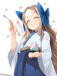 Rule 34 | 1girl, asakaze (kancolle), blue bow, blue eyes, blue hakama, bow, closed eyes, commentary request, dessert, food, forehead, from below, hair bow, hakama, hakama skirt, highres, japanese clothes, kantai collection, kimono, light brown hair, long hair, meiji schoolgirl uniform, one-hour drawing challenge, parted bangs, sidelocks, skirt, smile, solo, spoon, takase muh, wavy hair, white kimono