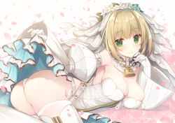 Rule 34 | 1girl, ass, backlighting, bare shoulders, belt, blonde hair, blush, breasts, bridal veil, chain, closed mouth, detached collar, fate/grand order, fate (series), flower, green eyes, hair flower, hair intakes, hair ornament, highleg, highleg leotard, highres, large breasts, leotard, lock, looking at viewer, lying, miko (royal milk), nero claudius (bride) (fate), nero claudius (bride) (second ascension) (fate), nero claudius (fate), nero claudius (fate) (all), on stomach, padlock, petals, sidelocks, smile, solo, thighhighs, thighs, veil, white flower, white leotard, white thighhighs, zipper