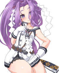 Rule 34 | 10s, 1girl, dd (ijigendd), dress, eyebrows, folded fan, folding fan, gloves, hair ornament, hair ribbon, hand fan, hatsuharu (kancolle), kantai collection, long hair, looking at viewer, ponytail, purple eyes, purple hair, ribbon, sailor dress, short eyebrows, simple background, smile, solo, thighhighs, very long hair, white background