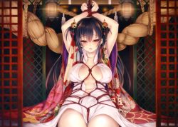 Rule 34 | 1girl, absurdres, bdsm, black hair, bondage, bound, bound wrists, breasts, cle masahiro, cleavage, highres, huge filesize, japanese clothes, kimono, large breasts, long hair, looking at viewer, open clothes, open mouth, open shirt, red eyes, rope, shibari, shirt, shrine, solo