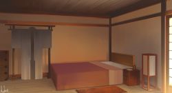 Rule 34 | bed, bedroom, cabinet, commentary request, hakuurei amano, highres, indoors, japanese clothes, kimono, no humans, orange theme, original, roomscape, scenery, watermark, white kimono, wooden floor